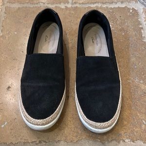 Clark black slip on shoes, suede, size 11 barely worn,